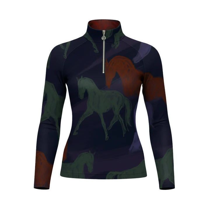 DAPPLEBAY ABSTRACT HORSES 1/4 ZIP LONG SLEEVE TOP